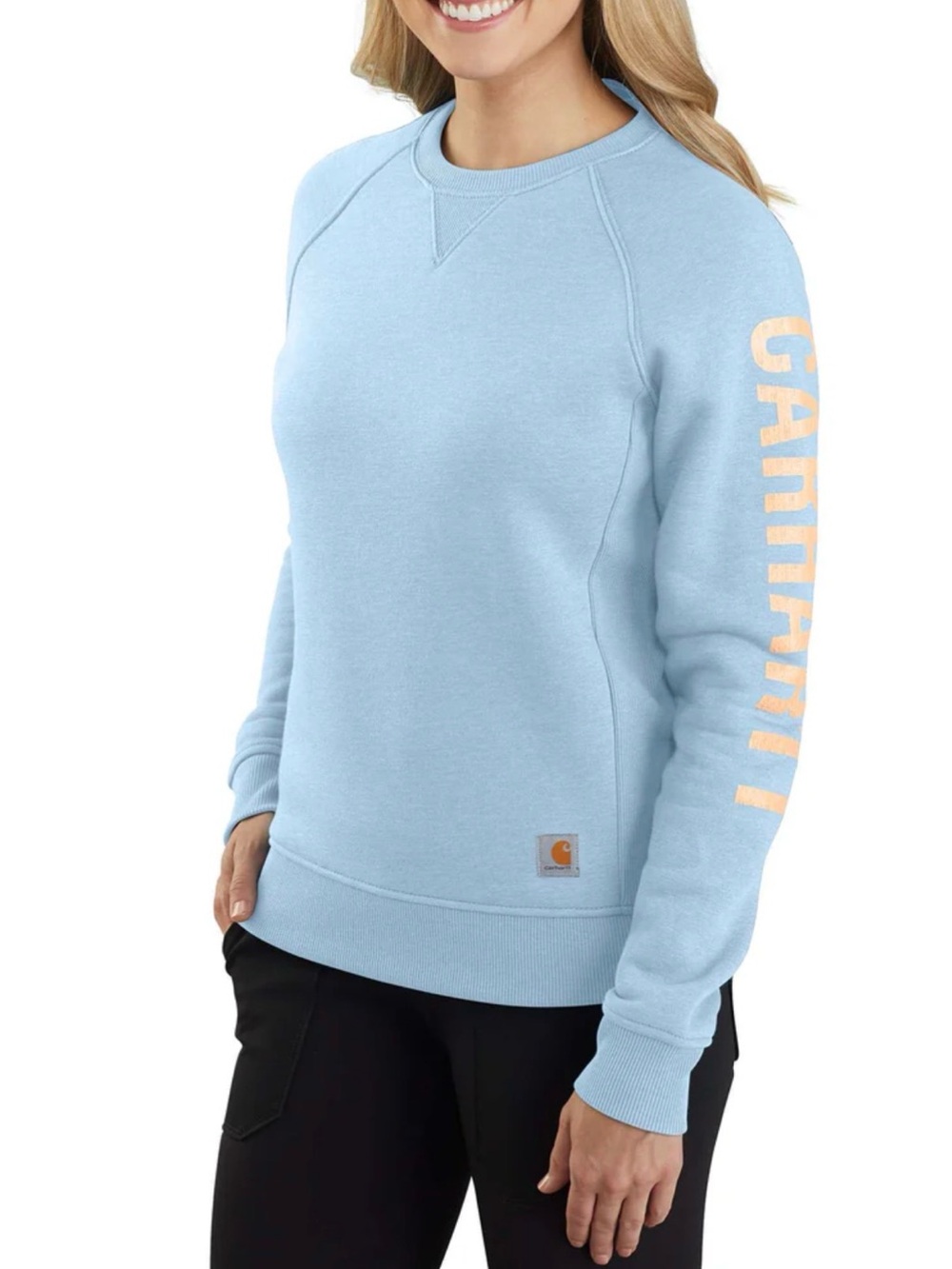WOMEN'S RELAXED FIT MIDWEIGHT CREWNECK BLOCK LOGO SLEEVE GRAPHIC SWEATSHIRT
